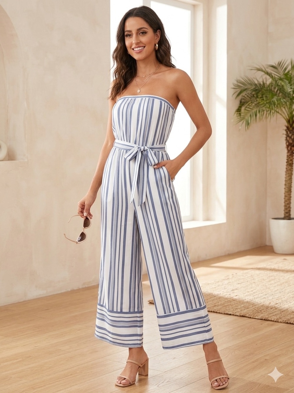 Lost + Wander Blue and White Striped Jumpsuit